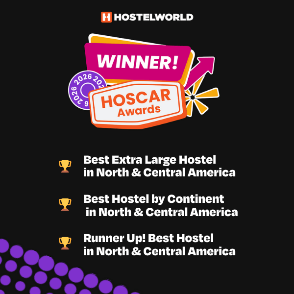 A colorful badge announces HI Boston hostel as the winner of several Hoscar awards for 2025 including Best Extra Large Hostel in North & Central America.