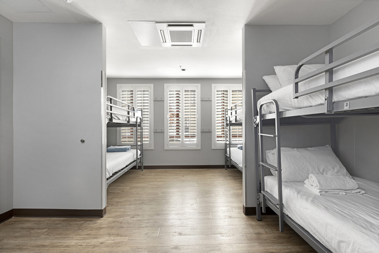 a clean and bright 6-bed dorm at HI Los Angeles Santa Monica hostel