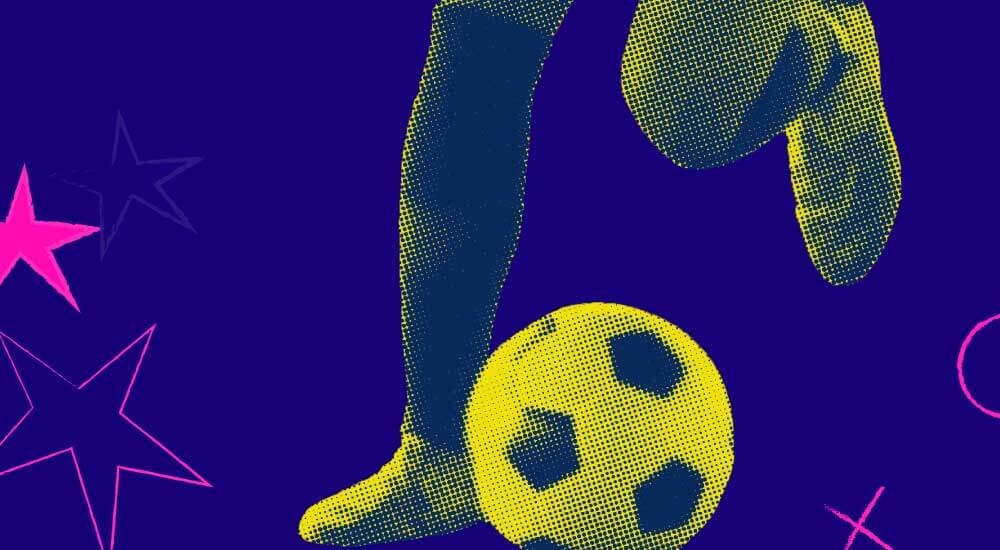 A purple background with an image of a leg kicking a soccer ball colored in yellow.