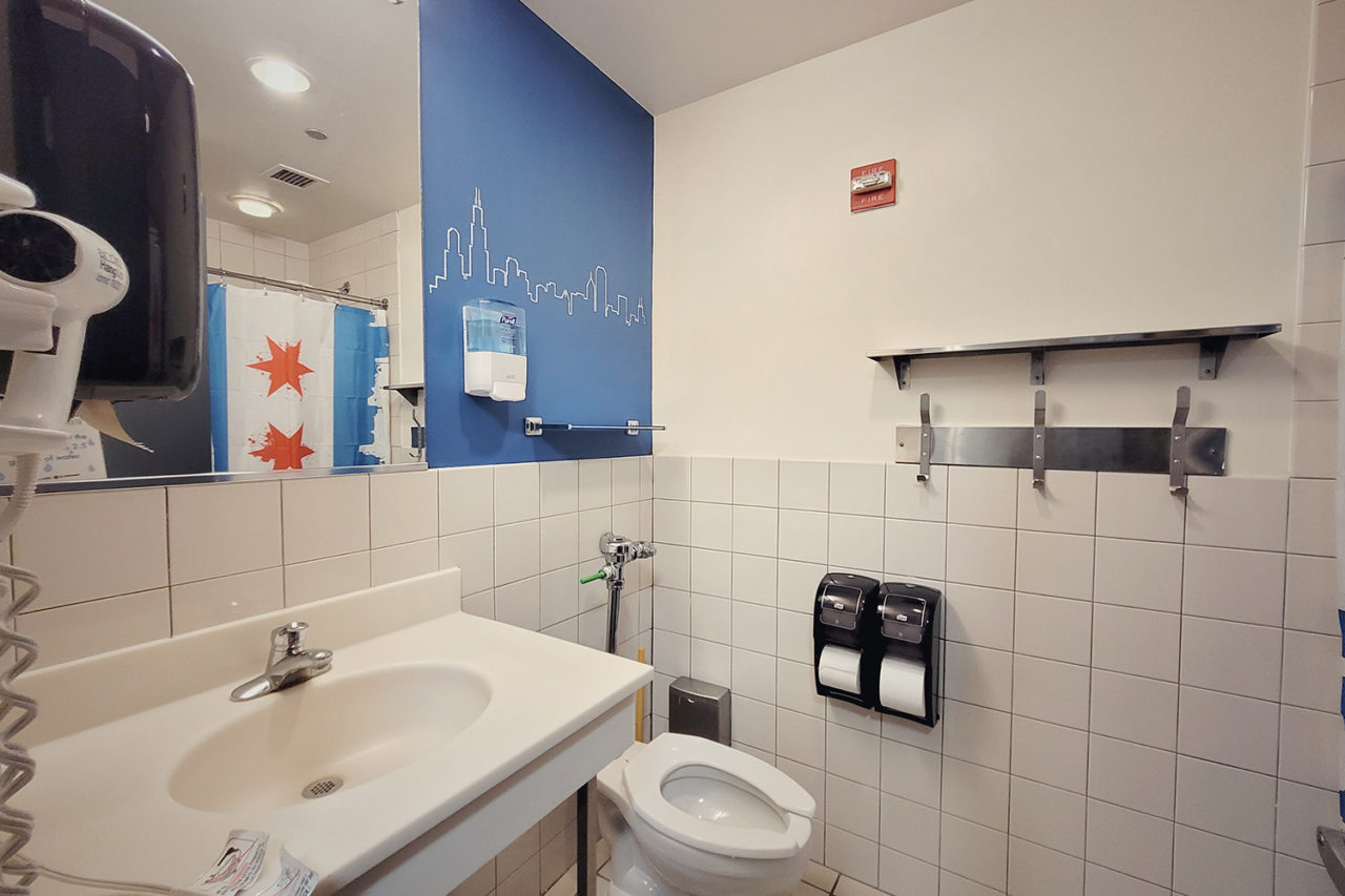 single-occupancy bathrooms feature sinks, toilets, and showers, and are cleaned frequently