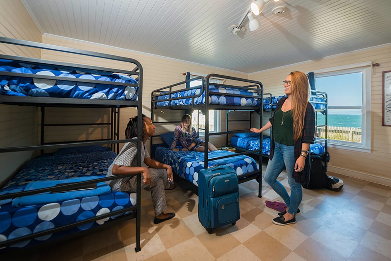 three women in a 6-bed dorm
