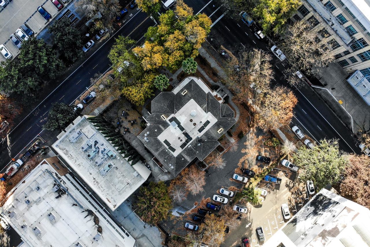 an aerial view of HI Sacramento hostel in downtown Sacramento