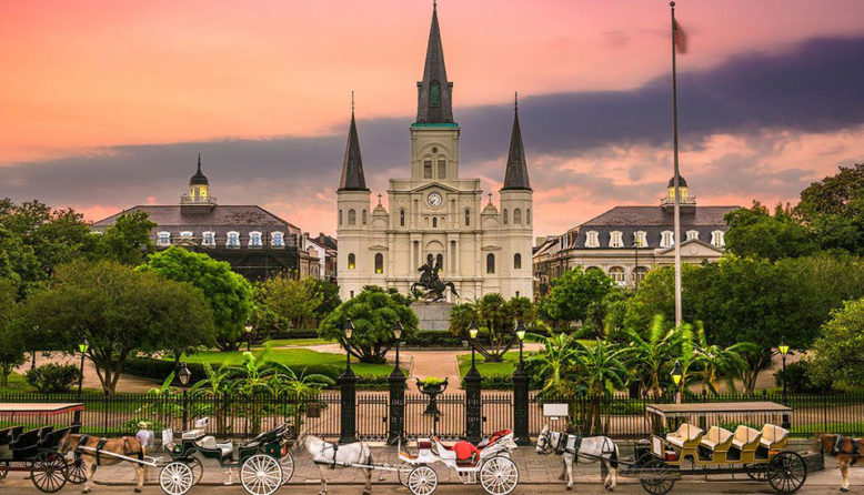 A view of Jackson Square in New Orleans at dusk
