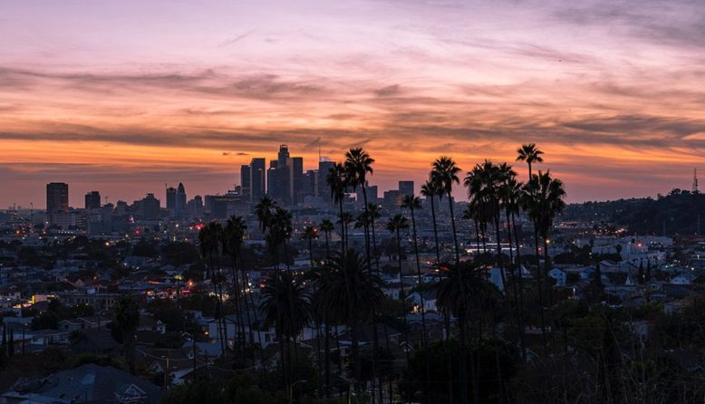 A view of downtown Los Angeles at dusk