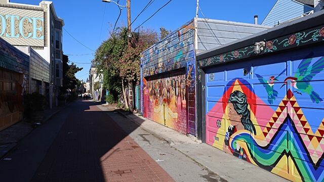 colorful murals in Balmy Alley, a small alleyway in San Francisco