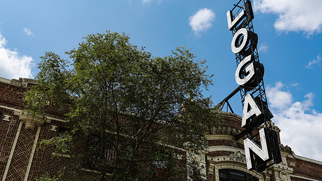 The marquee of the Logan Theater in Chicago