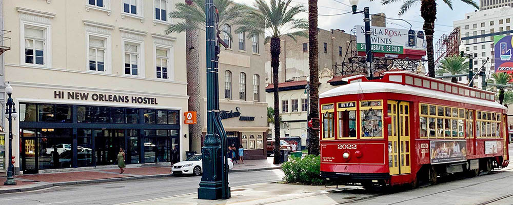 View of HI New Orleans Hostel from Canal Street