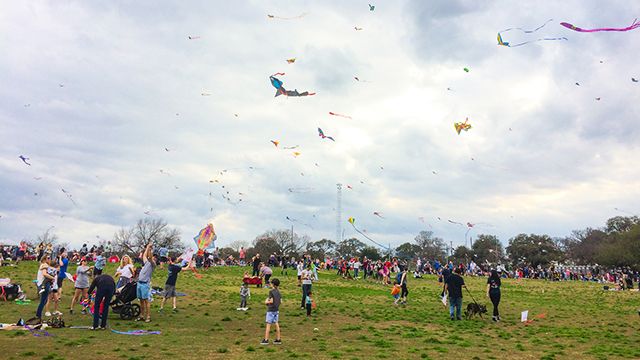 people flying kites at zilker park in Austin
