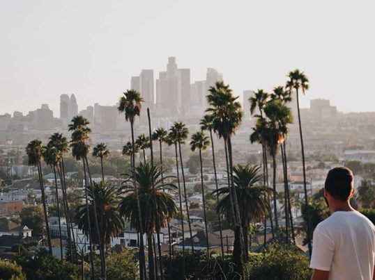 a man looking out over the LA city skyline