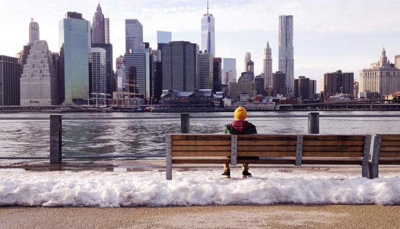 a person looking at the NYC skyline in the snow