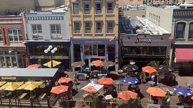 an aerial view of new outdoor dining in San Diego's Gaslamp Quarter neighborhood