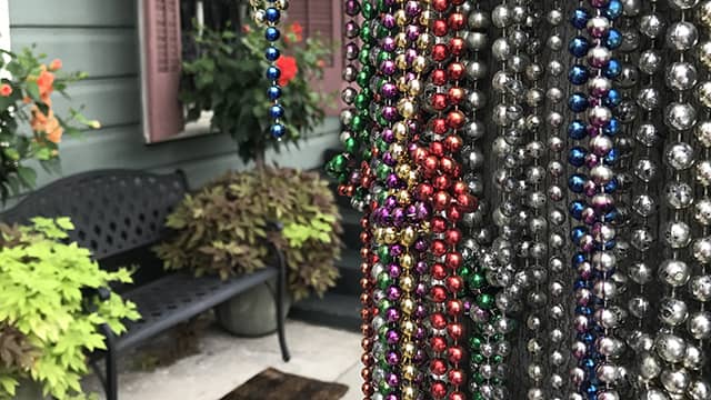 mardi gras beads hang from a phone poll in a residential street in new orleans