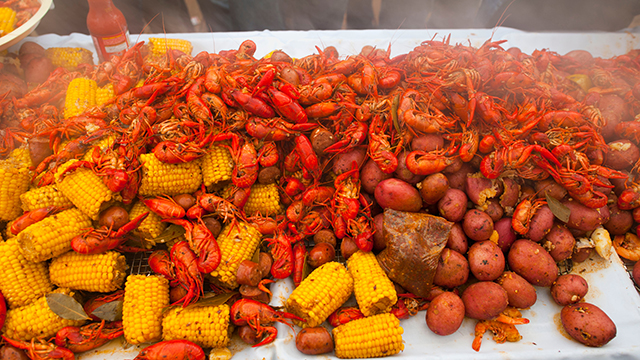 a new orleans crawfish boil with red crawfish, red potatos, and yellow corn cobs spread out along a long table.