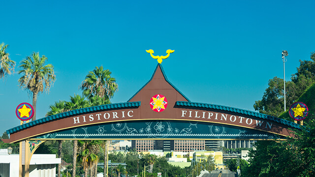 a large brown and yellow archway celebrating Los Angeles' historic Filipinotown