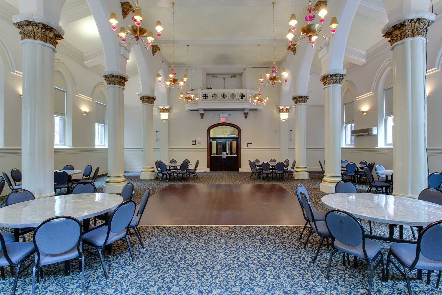 the ballroom at HI New York City hostel is a large event space available for meetings and other events that groups can book during their stay.
