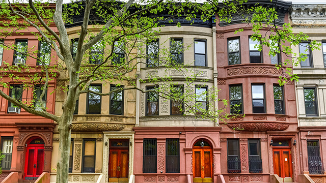 a row of brownstone homes with leafy green trees in the foreground in Harlem, New York City