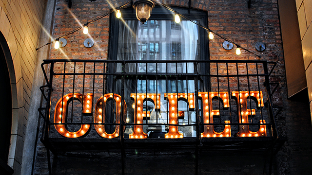 the word coffee spelled out in lightbulbs