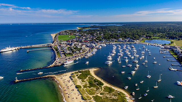an aerial view of boats harbored at Oak Bluffs on Martha's Vineyard