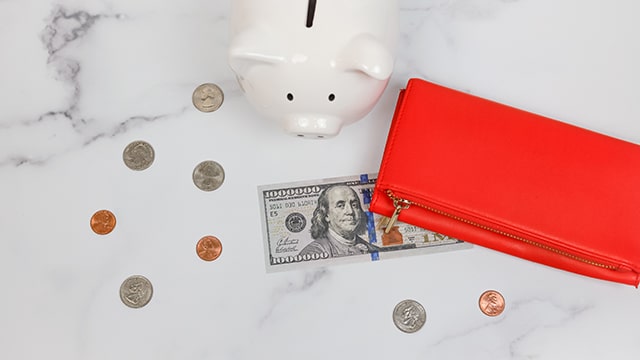 a white piggy bank surrounded by coins and a red wallet