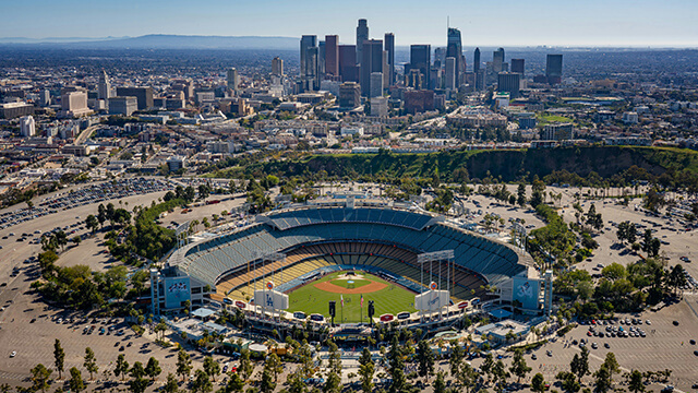 Dodger Stadium in Echo Park, Los Angeles, with the Los Angeles Skyline in the background