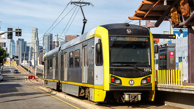 a yellow lightrail train in Los Angeles 