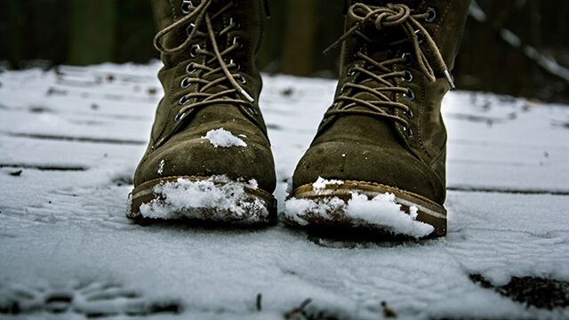two lace-up green boots standing on snow-covered ground