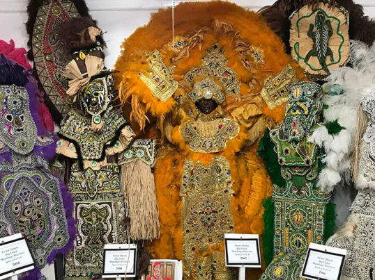 colorful handmade costumes with feathered headdresses and sequins at the backstreet cultural museum in new orleans
