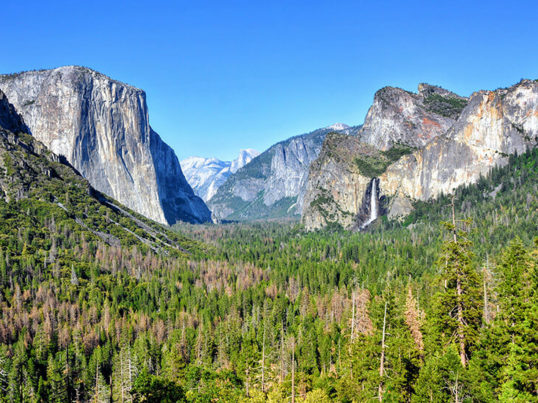 a view of yosemite national park with green trees, grey rock faces, and a blue sky