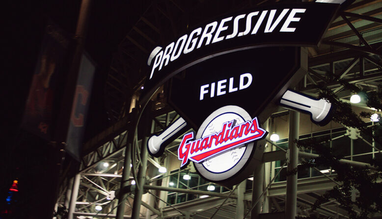Exterior of the Cleveland guardians' progressive field stadium at night