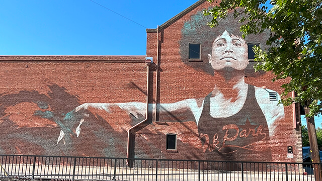 a mural on the side of a large brick building in Oak Park, Sacramento, depicts a woman with curly hair and her arm stretched out to the side