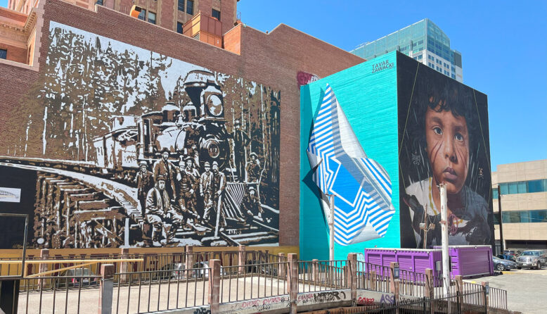 a mural in downtown Sacramento covers the sides of two buildings