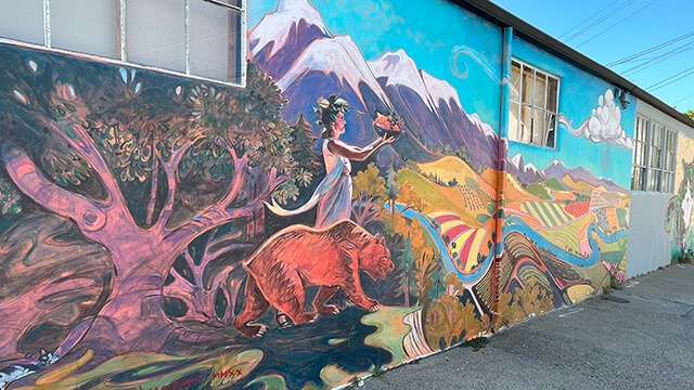 a "california"-themed mural painted through the wide open walls project in sacramento