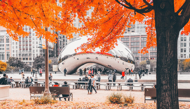 In Chicago, Cloudgate, also known as the Bean, is framed by bright orange foliage on a tree in the foreground