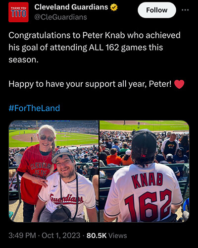 A tween from the Cleveland Guardians MLB baseball team with a photo of Peter Knab thanking him for attending all 162 games in 2023