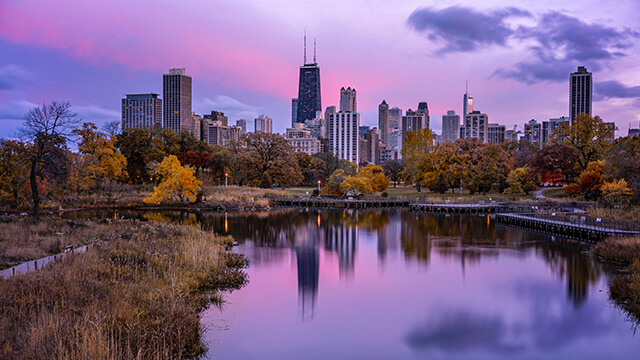 a view of the Chicago city skyline taken from LIncoln Park Zoo with a purple and pink sky in the background