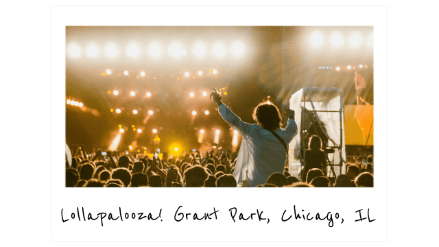 a polaroid photo of a young man on a friend's shoulders in a crowd at a music festival with stage lights in front of him