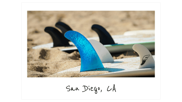 a polaroid photo of surfboard fins pointing up in the sane
