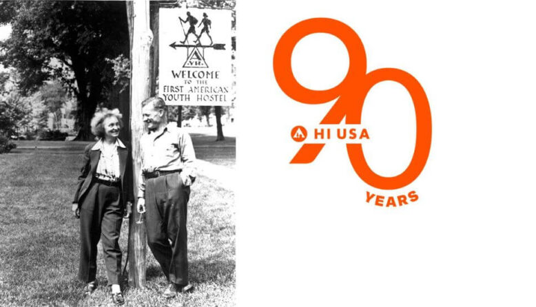 A black and white image of Isabel and Monroe Smith in 1972 at the site of the first American hostel in Northfield, MA