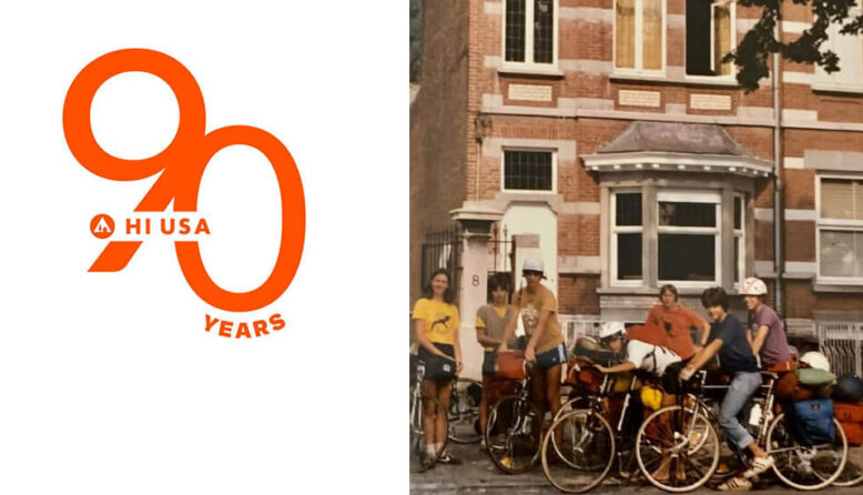 An old photo of a group of hostellers on bicycles in front of a large brick building. There is an orange graphic reading 