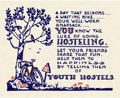 a blue, red, and white ink drawing by AYH cofounder Isabel Smith shows a bicycle leaned underneath a tree