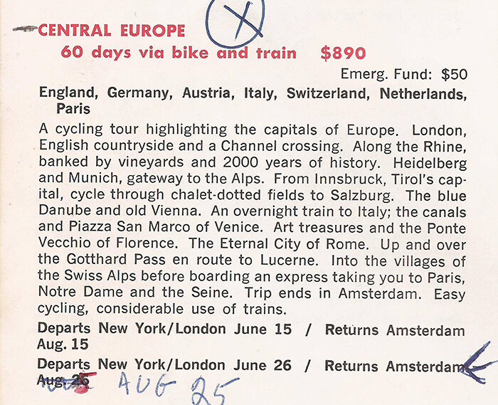 an old advertisement for a 60-day AYH bicycle trip through Europe