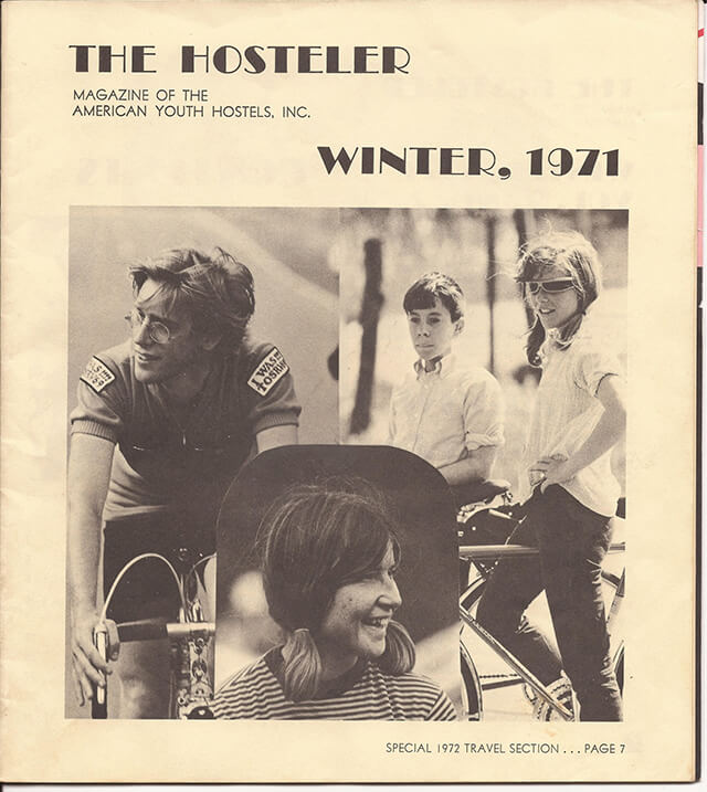 The cover of quarterly AYH publication "the hosteler" from 1971 is covered with black and white photos. Two images show young people on bicycles.