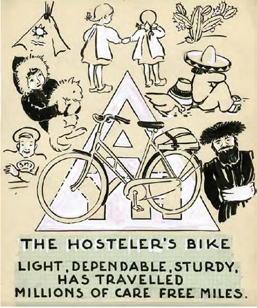 In a page from an AYH publication from 1941, a hand-drawn illustration depicts
the hosteler's bike as light, dependable, and sturdy. Around the bike are drawings of people representing different countries and cultures from around the world.