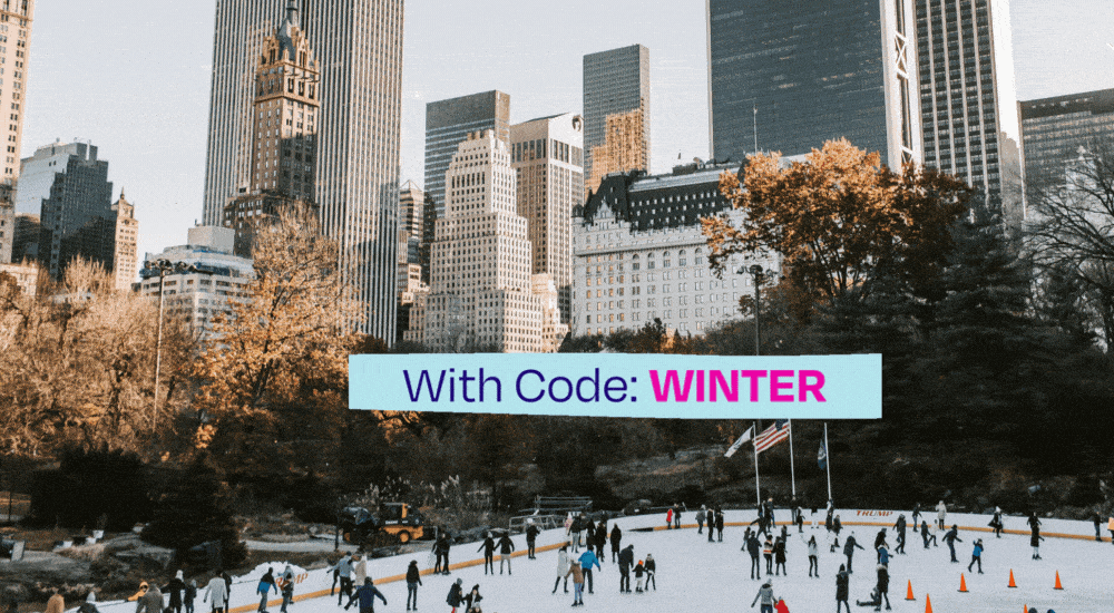People ice skate at a rink in Chicago with skyscrapers and trees in the background. Text overlay reads: 