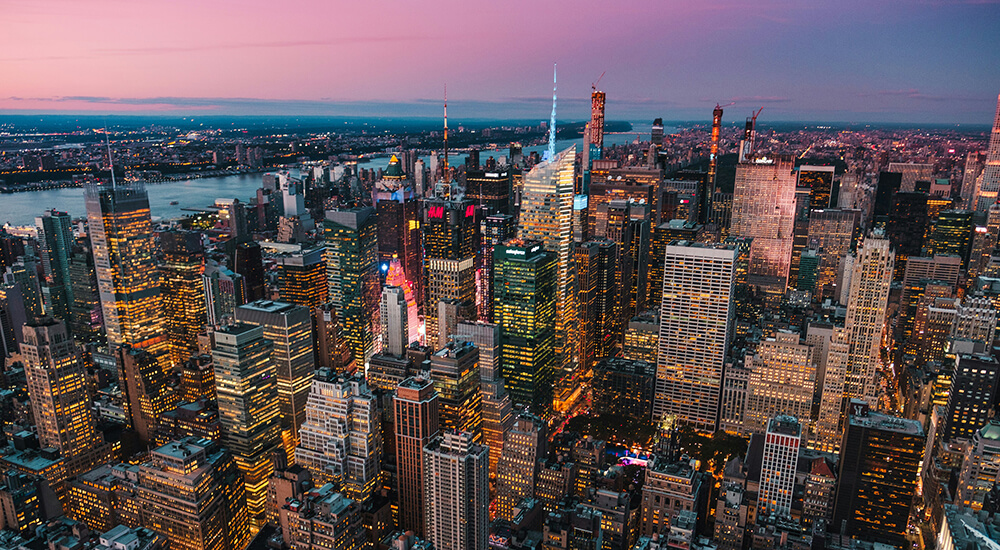 An aerial view of New York City at dusk