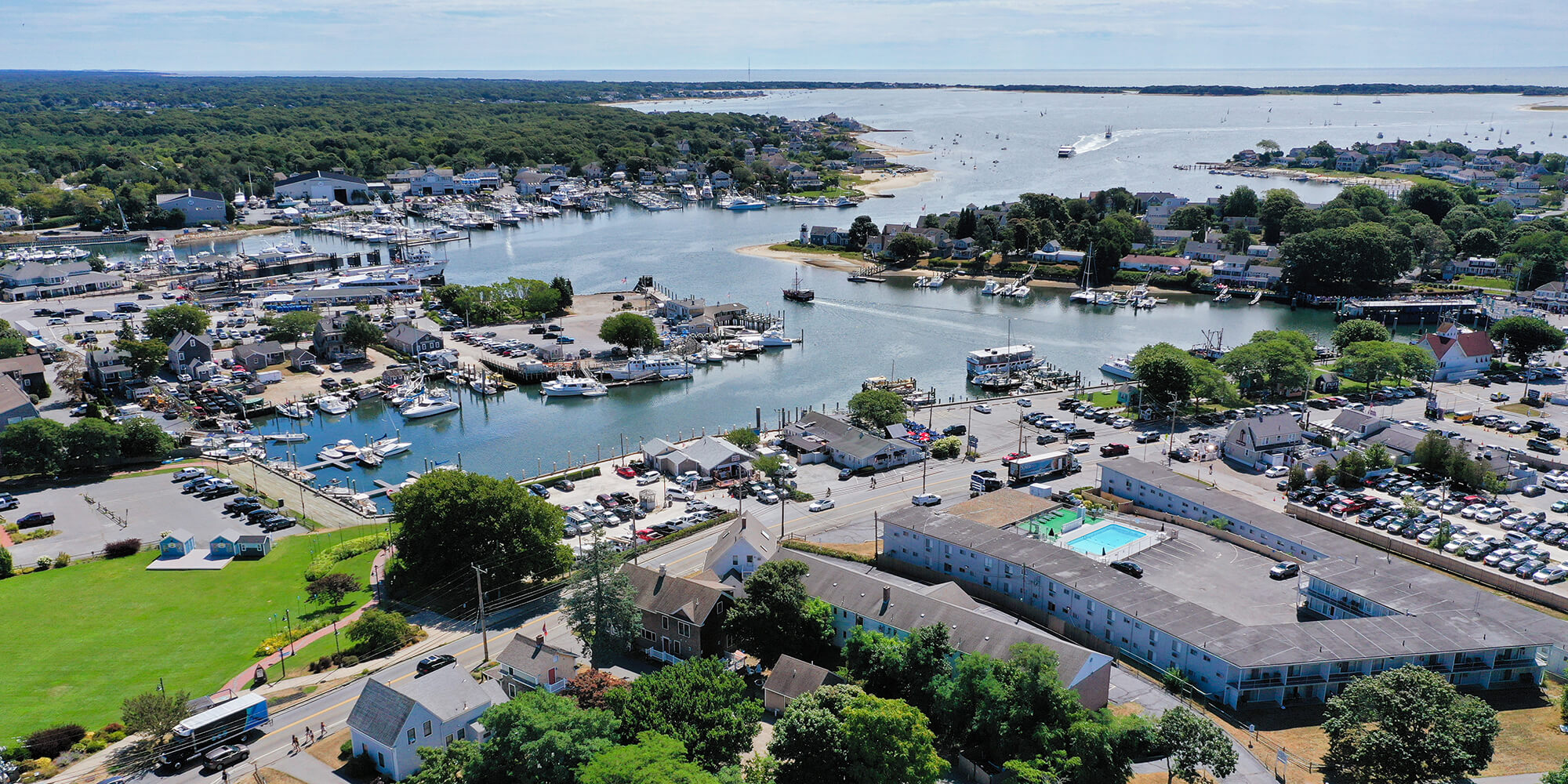 The neighborhood surrounding HI Hyannis hostel, including the harbor, as seen from overhead.