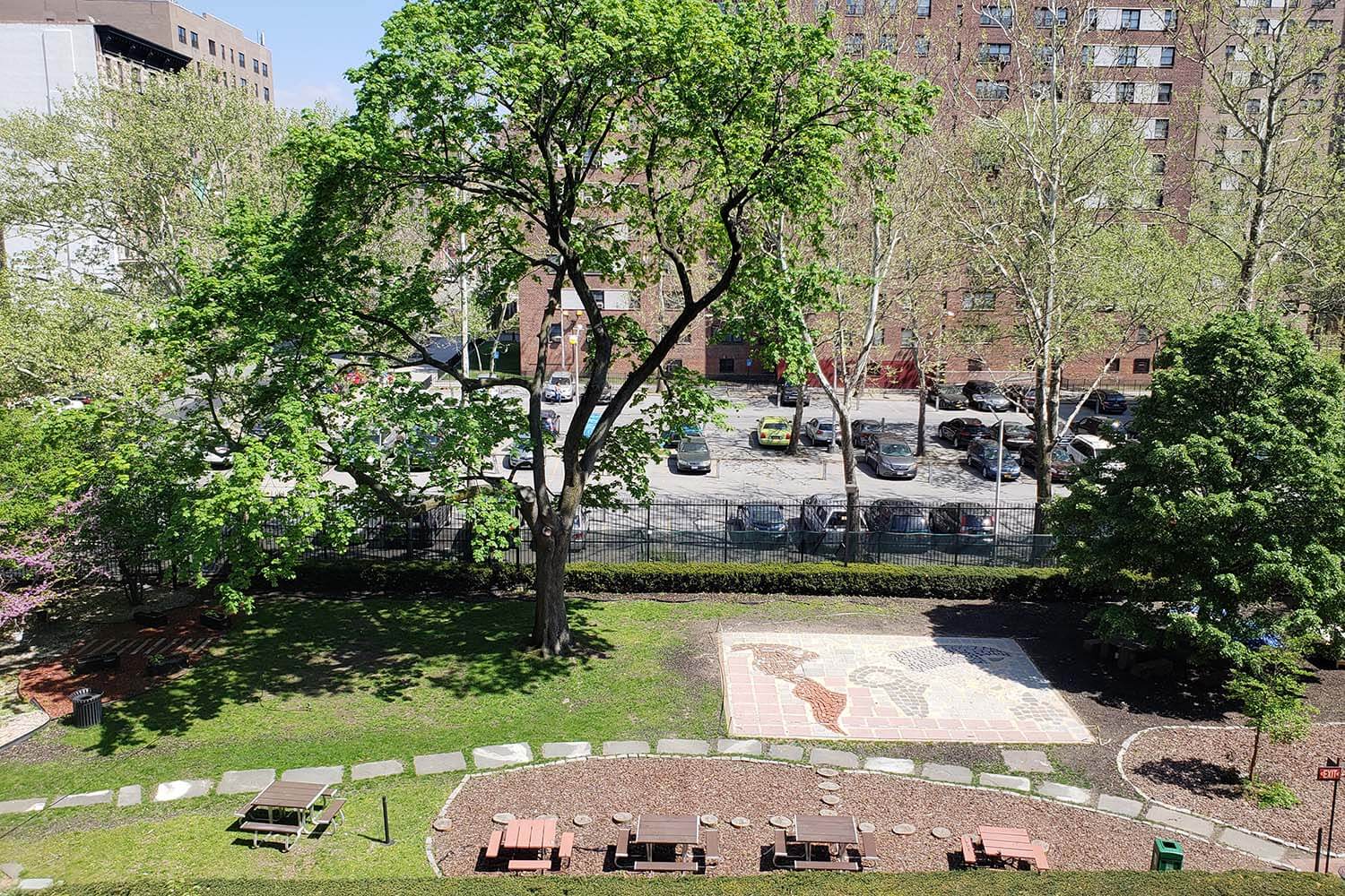 HI New York City has one of the largest private greenspaces in Manhattan available for rent. Here it is seen from overhead.