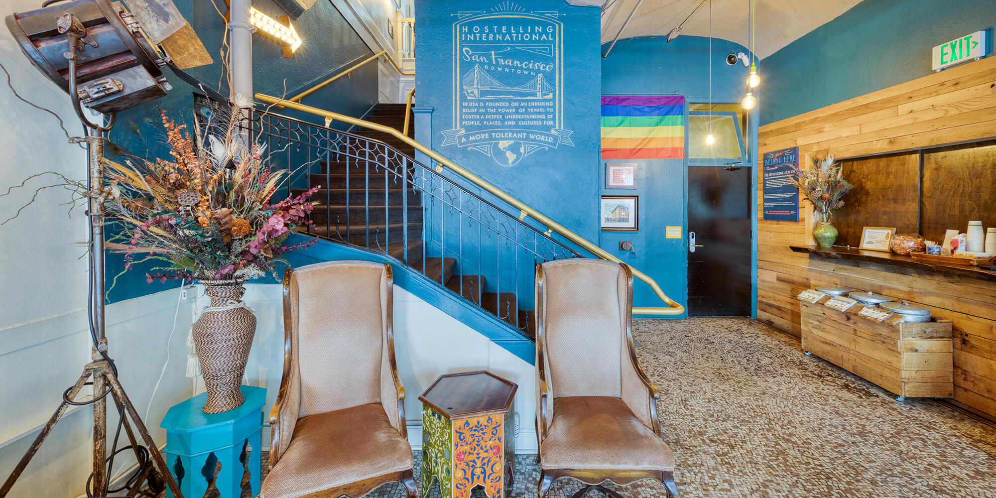 The welcoming lobby at HI San Francisco Downtown hostel