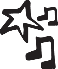black and white icons of music notes and a five-pointed star