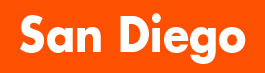 The words "San Diego" written in white text on an orange background